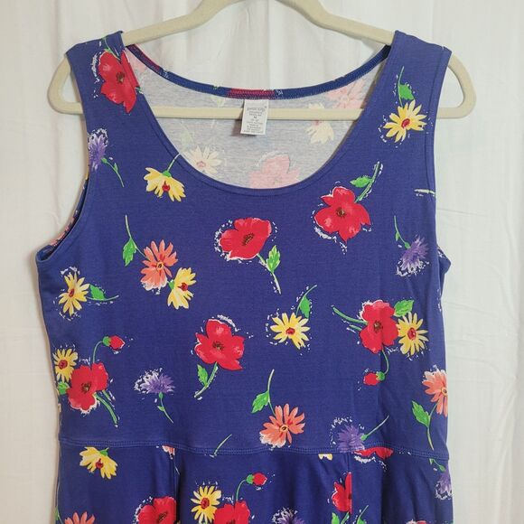 Land's End Floral Cotton Midi Dress Women's Size Large 10-12 Blue Casual Picnic - Picture 3 of 9